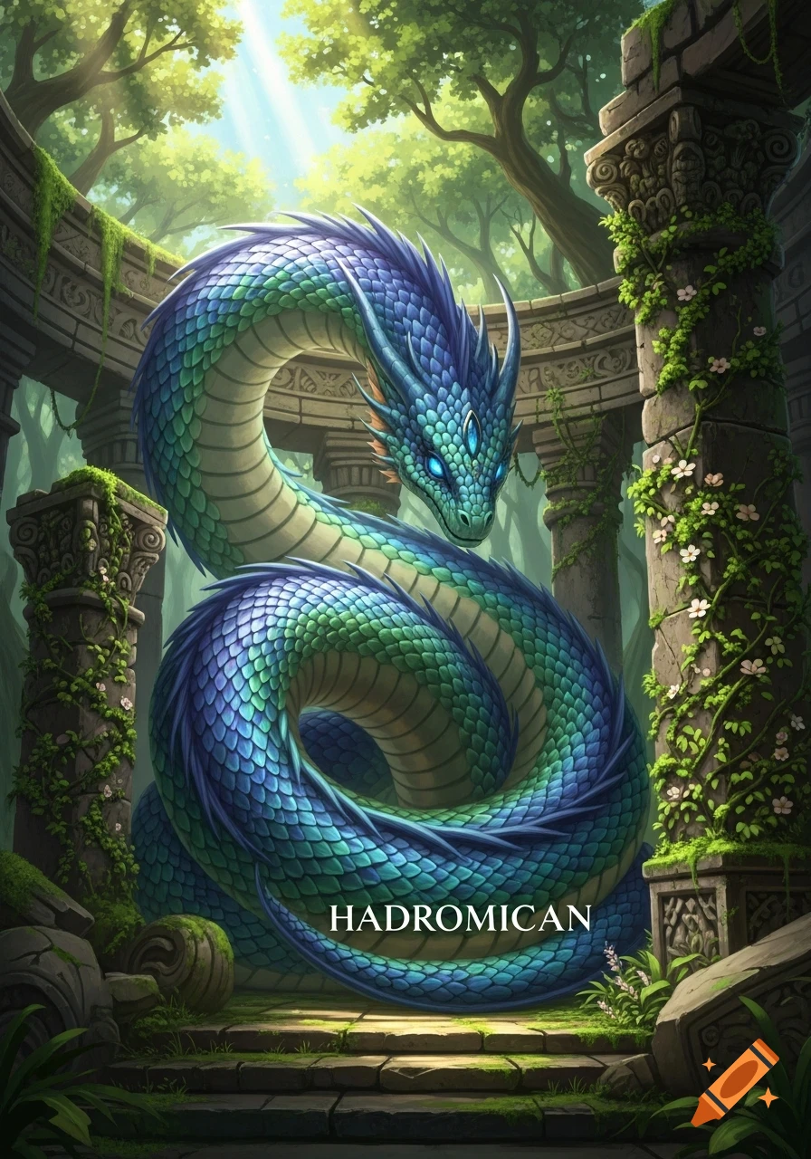 A majestic blue and green serpent-like dragon with glowing eyes coiled amidst moss-covered ancient ruins in a lush forest with sunbeams.