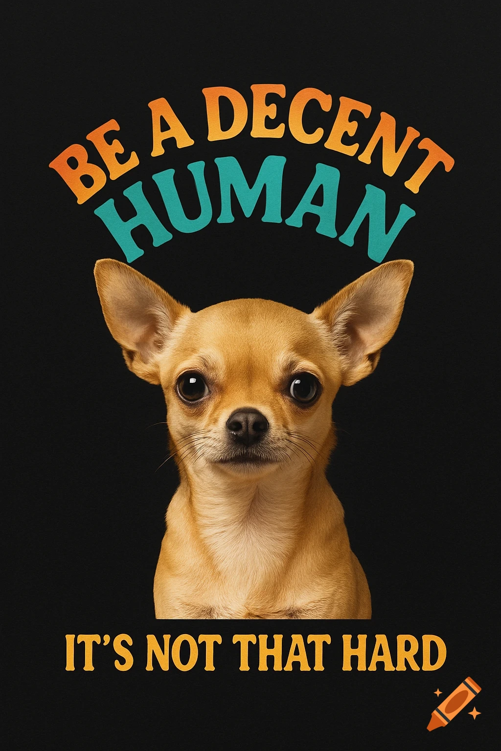 A chihuahua on a black background with the text 'Be a Decent Human, It's not that hard' in retro-style orange and teal.