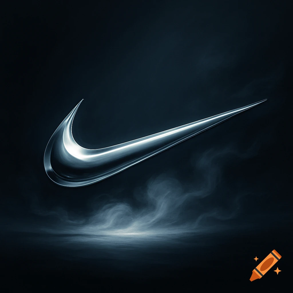 A shiny, metallic silver Nike swoosh logo floats against a dark background with wisps of smoke.