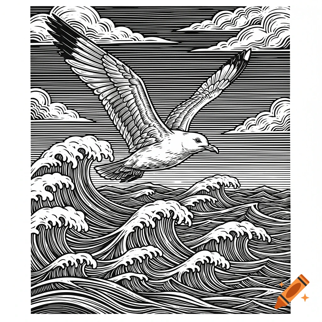 A black and white linocut of a seagull flying over crashing ocean waves with stylized clouds.