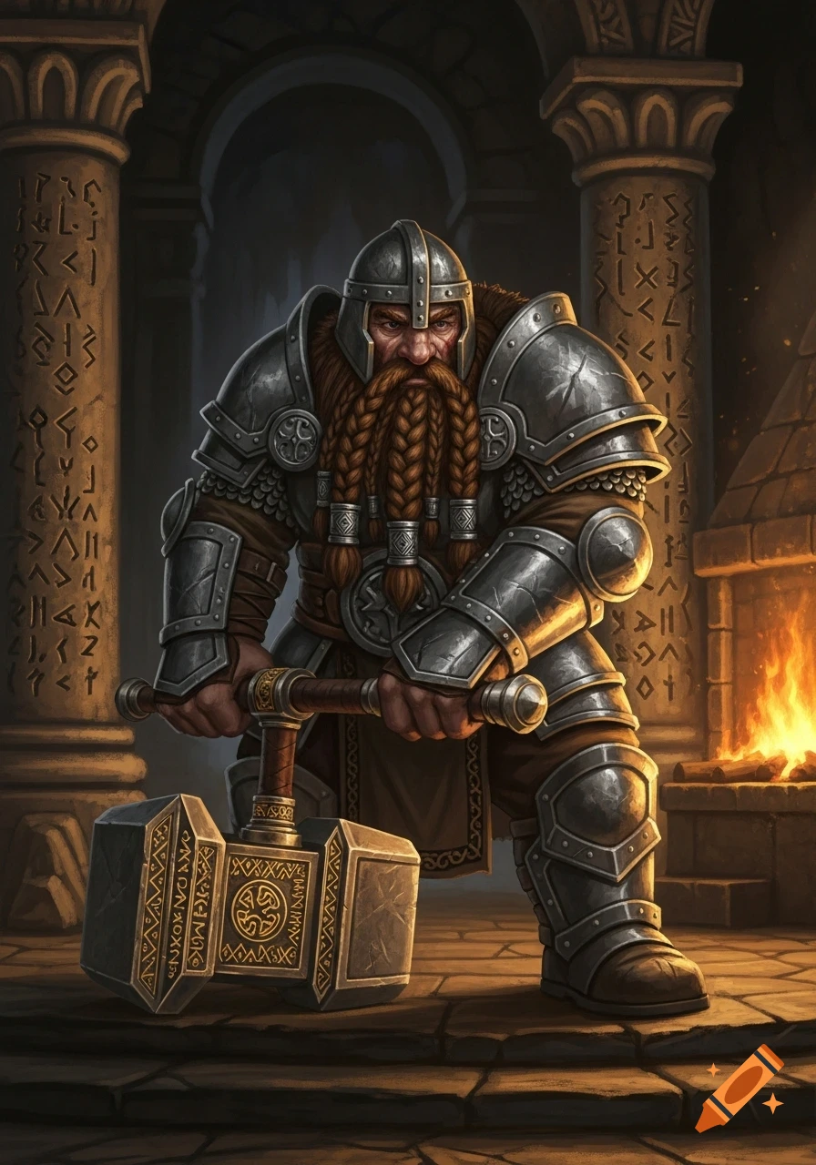 A heavily armored dwarf with a braided red beard and helmet stands holding a large ornate hammer in an ancient hall.
