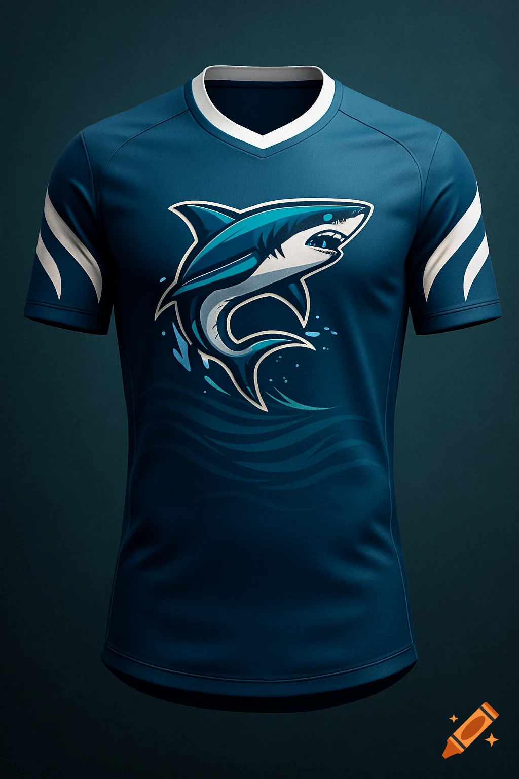 A blue football jersey with a stylized white and blue shark logo and white stripes on the sleeves.