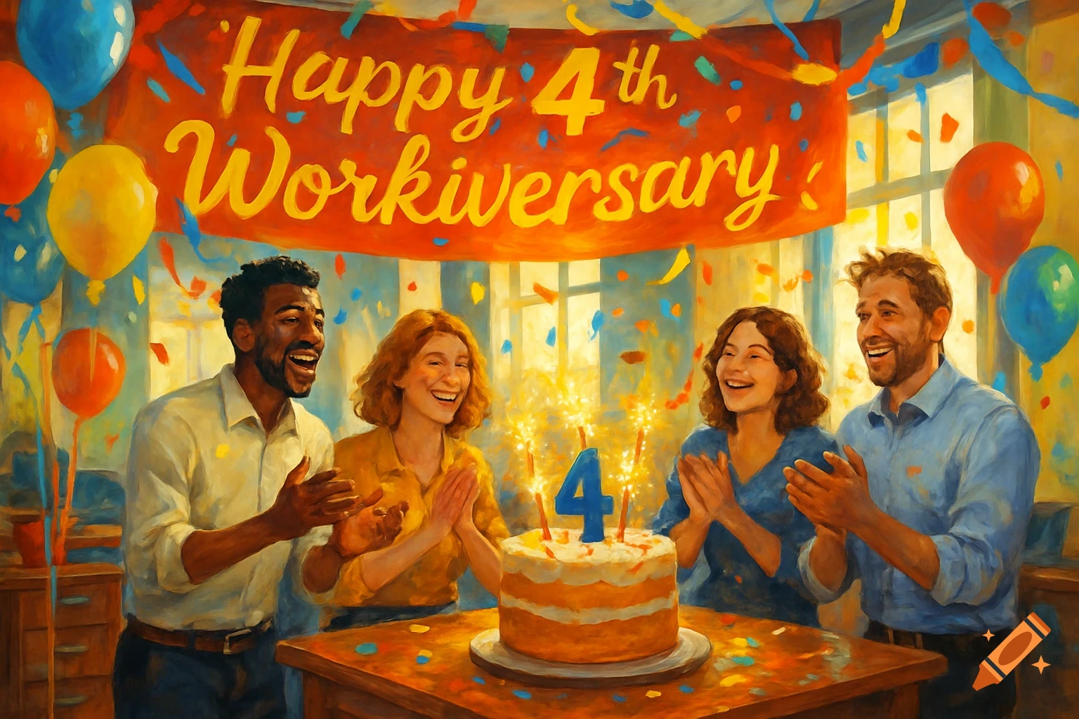 Four smiling colleagues around a cake with a '4' candle and sparklers. A banner above reads 'Happy 4th Workiversary'.