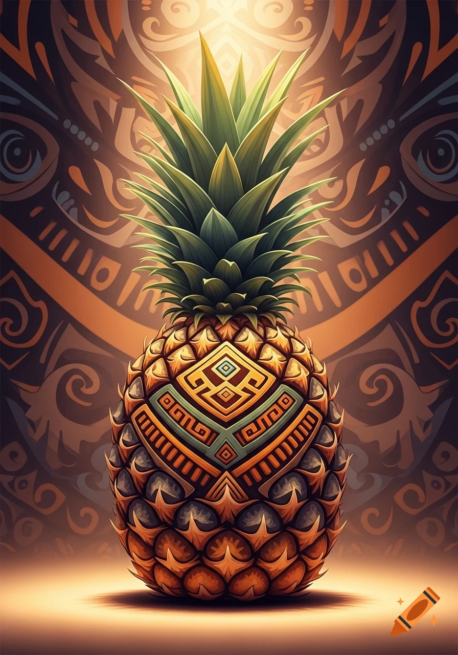 Stylized pineapple with intricate tribal patterns against a matching tribal background.