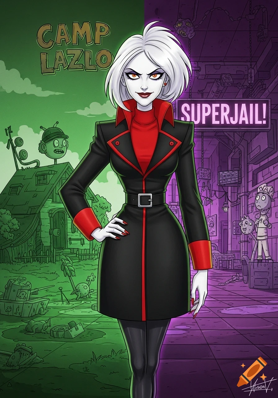 A stylized white-haired woman in a black and red coat, split between green 'Camp Lazlo' and purple 'Superjail!' cartoon backgrounds.