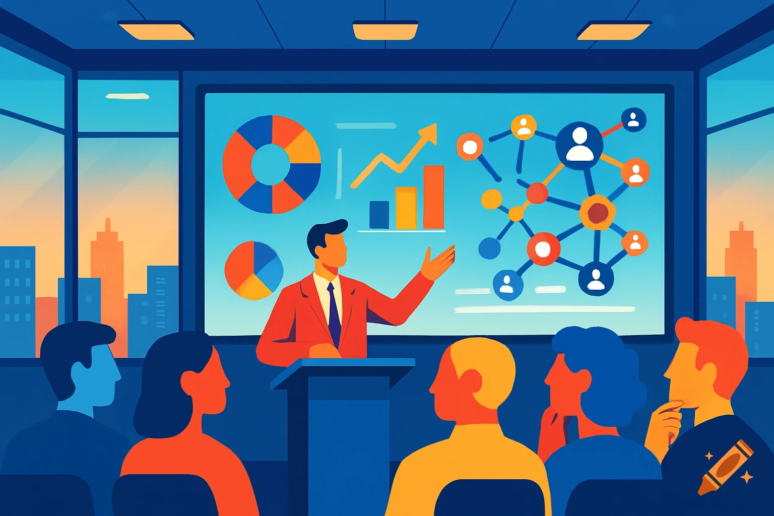 Vector illustration of a business presentation with a speaker, audience, and data charts on a large screen, overlooking a city skyline.
