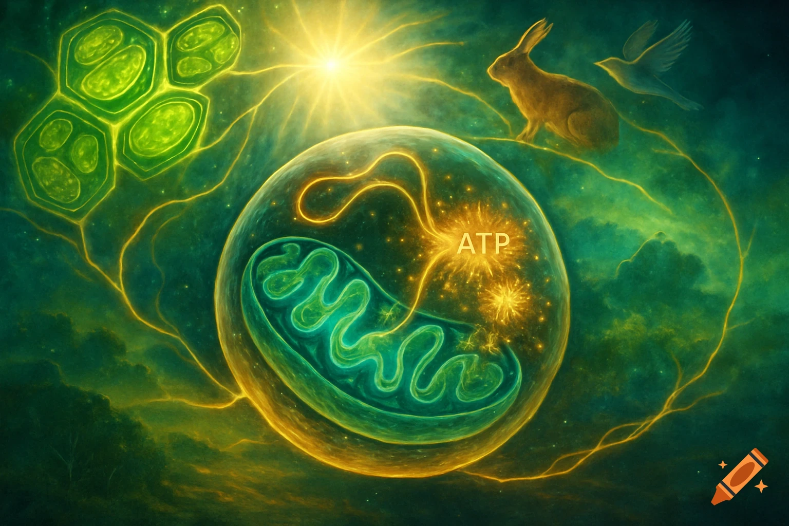 A vibrant scientific illustration depicting cellular energy transfer with mitochondria, ATP, plant cells, sun, a rabbit, and a bird.
