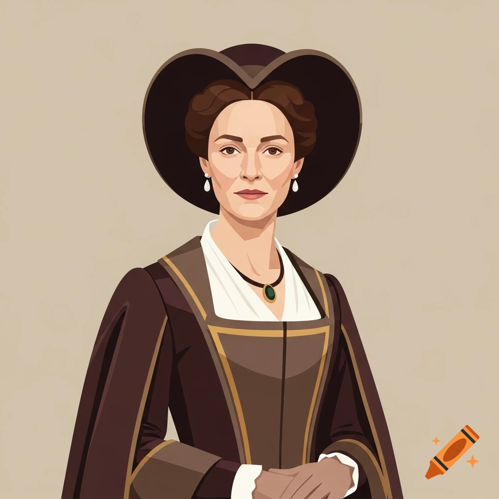 An illustrated portrait of a woman with dark hair in a brown period dress, white collar, emerald pendant, and a wide-brimmed dark hat.