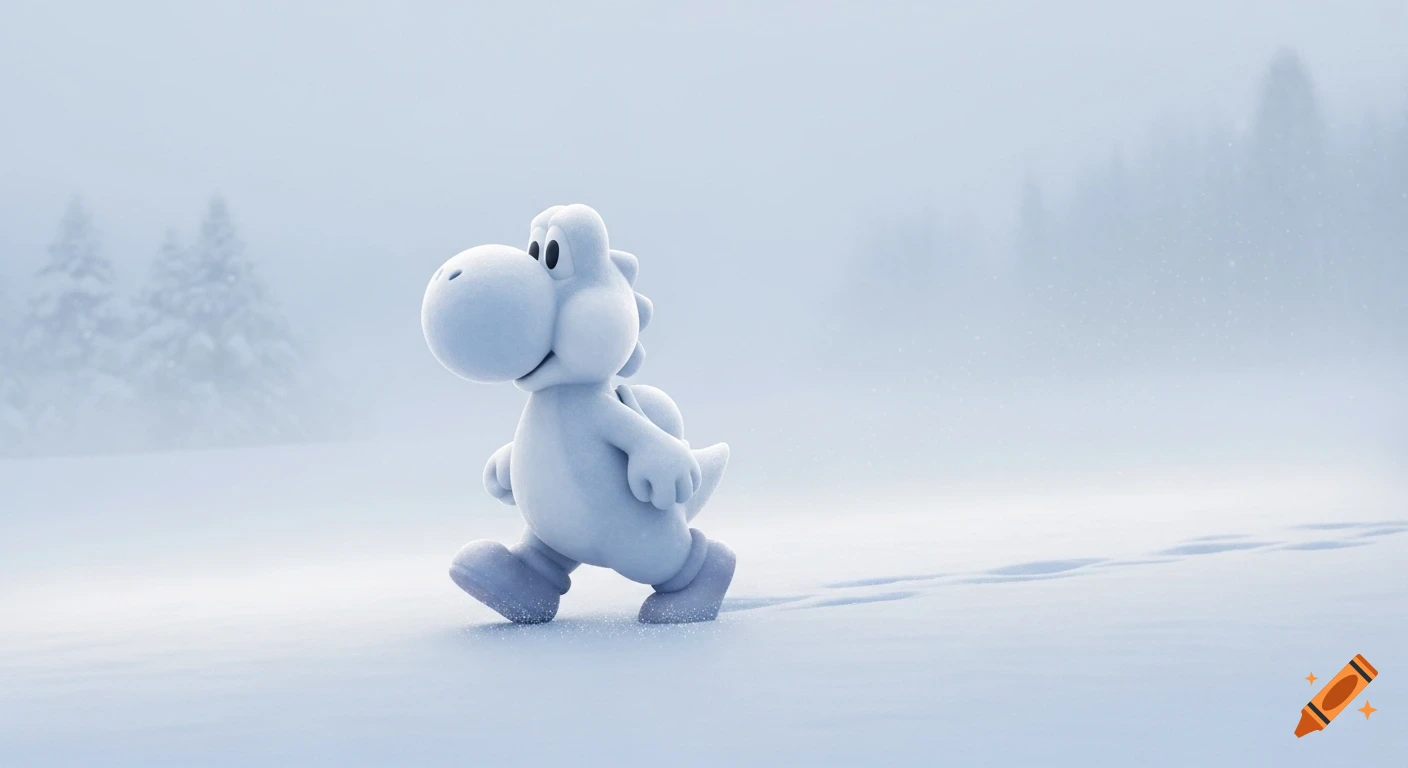 A white, cartoon-like Yoshi figure walks through a snowy, foggy winter landscape, leaving footprints.