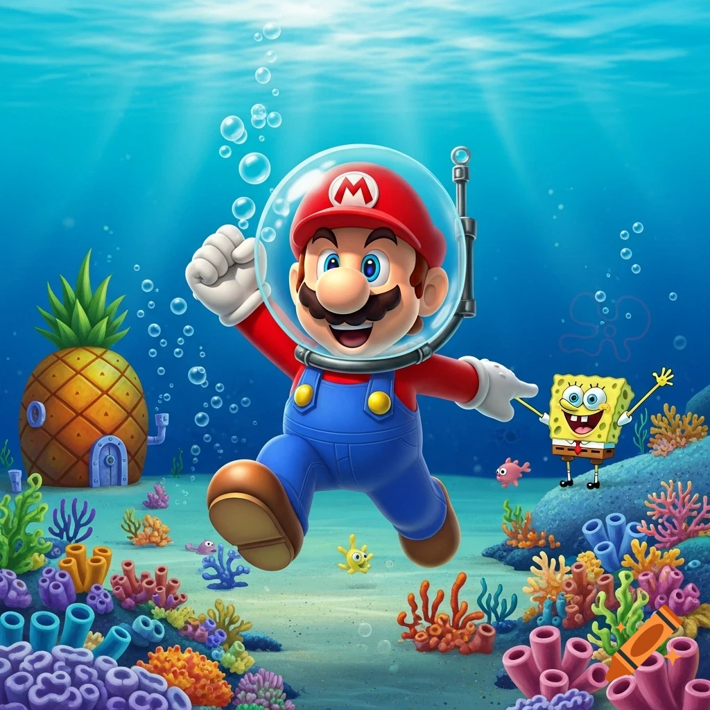 Mario in a diving helmet swims underwater with Spongebob and his pineapple house among colorful coral.