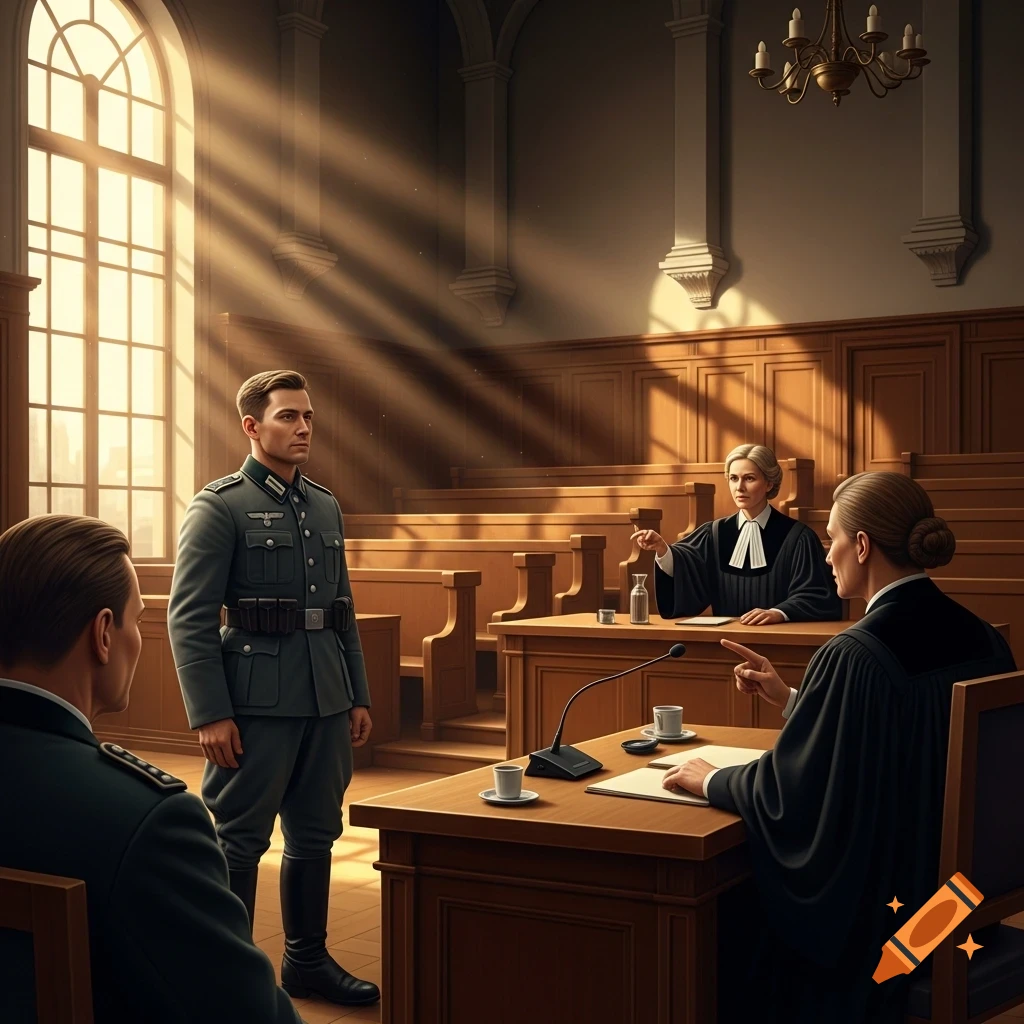 A man in a military uniform stands in a sunlit courtroom while legal figures sit at desks. Photorealistic.