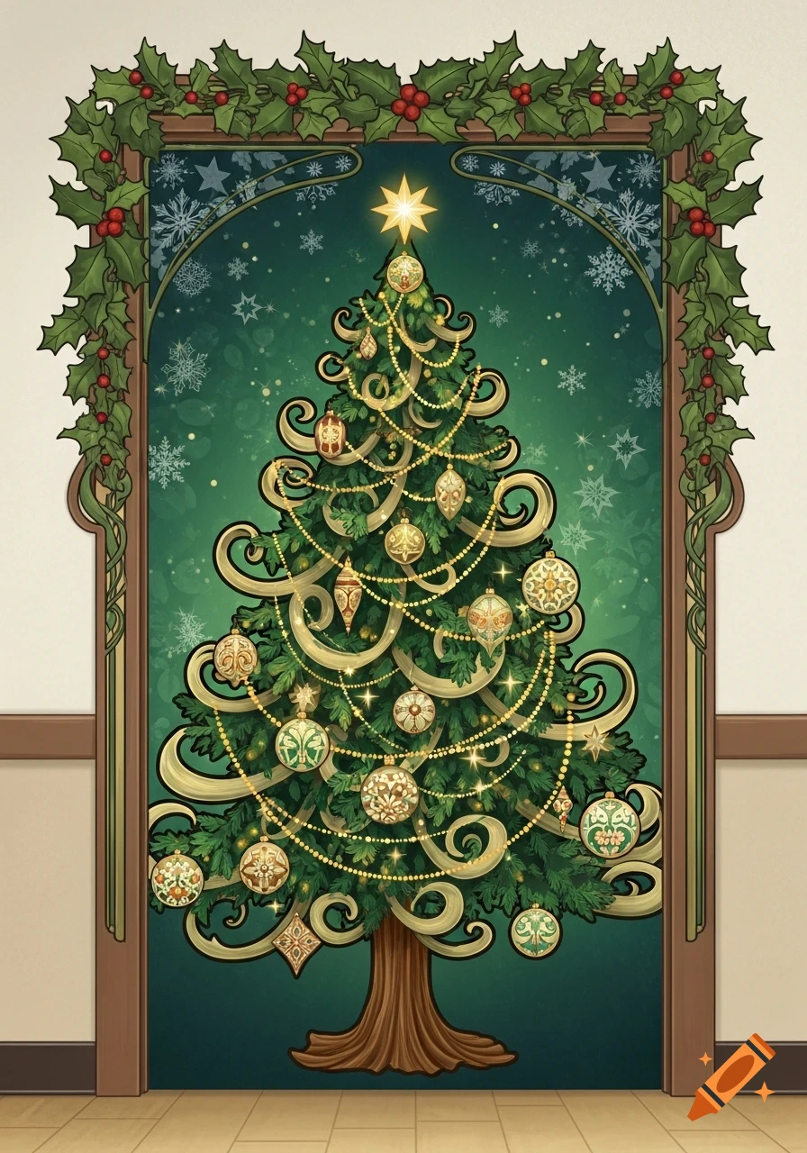 Art Nouveau Christmas tree with gold and green ornaments, string lights, and a star, framed by a holly garland on a dark green snowflake background.