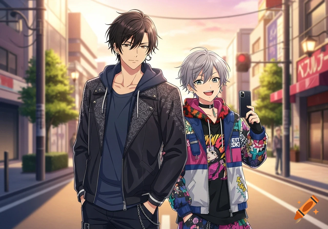 Two anime boys walking in a city street. One has dark hair and wears a black leather jacket, the other has silver hair, wears a colorful jacket, and holds a phone.