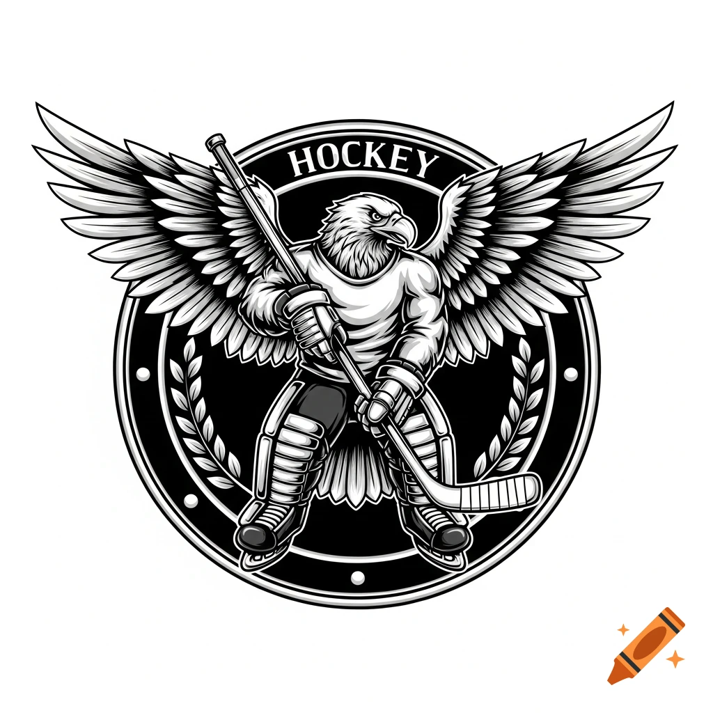 Black and white logo of a muscular eagle in hockey equipment holding a stick, with wings spread, framed by a circular emblem that reads 'HOCKEY'.