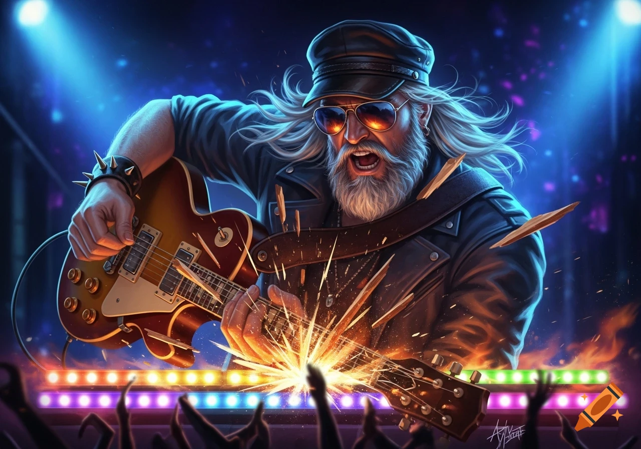 A long-haired, bearded man in a leather jacket and sunglasses smashes an electric guitar on a vibrant blue and purple concert stage, creating sparks.