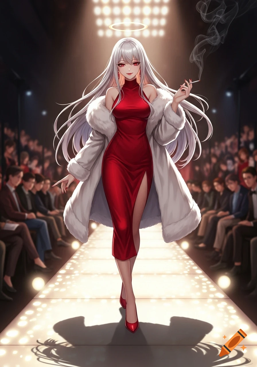 Anime woman with long white hair in a red dress, white fur coat, and red heels, smoking on a fashion runway.