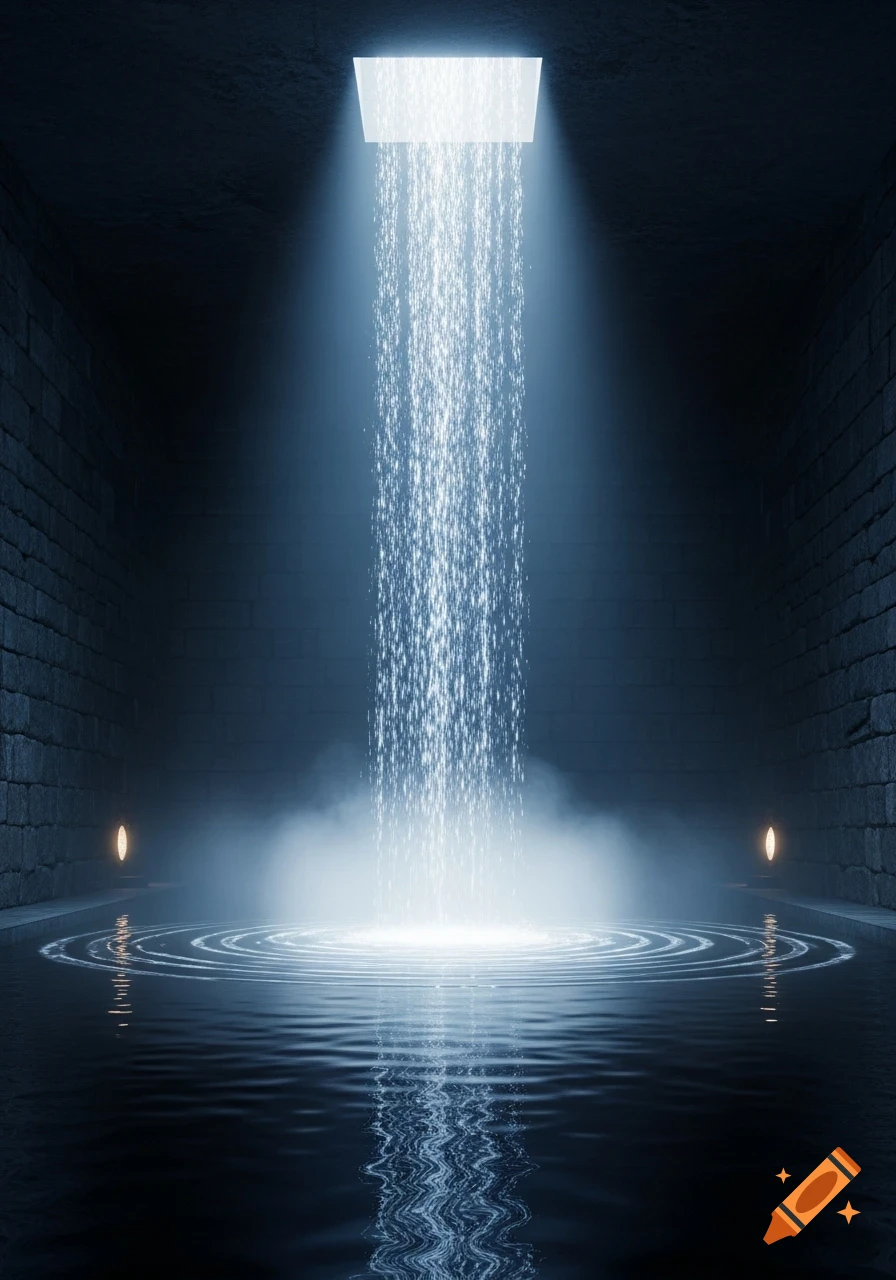 A dark, atmospheric room with brick walls and a pool of water, illuminated by a glowing waterfall of light from above, creating ripples.