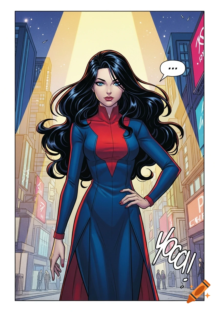 A female superhero in a blue and red suit with long black hair and blue eyes stands in a stylized city at night, in comic book art style.