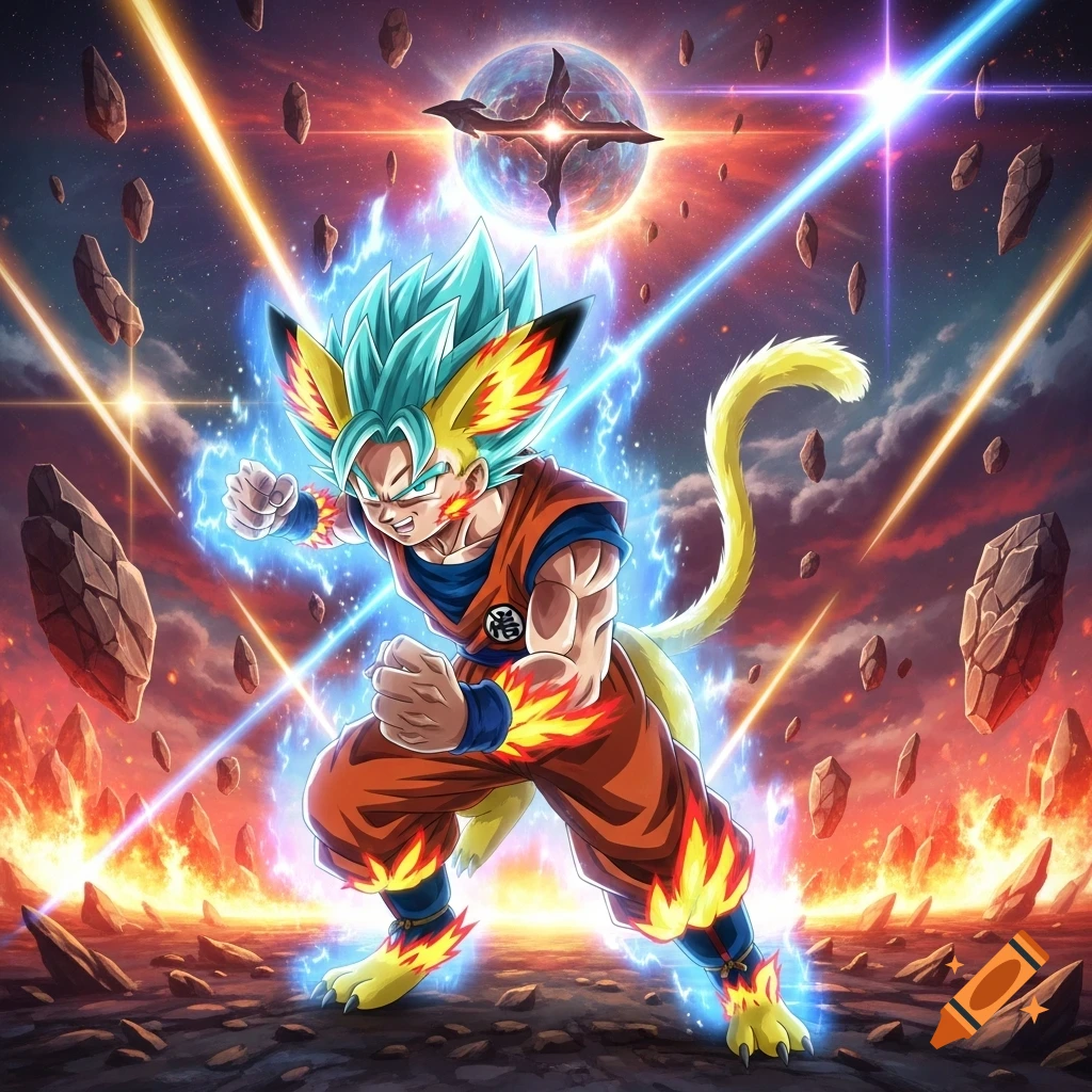 Fusion of Goku and Pikachu in Super Saiyan form, surrounded by fiery aura and floating rocks in space.