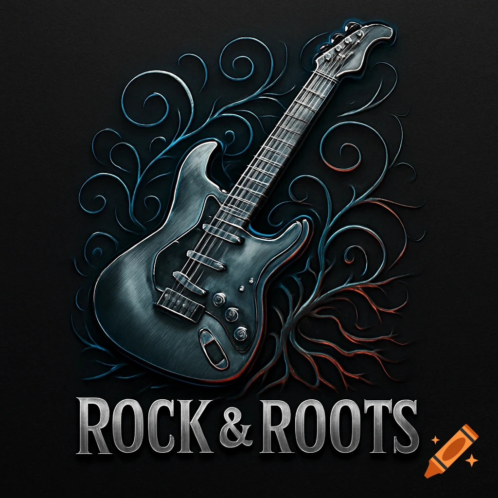 Stylized metallic electric guitar with blue and red vine patterns on a dark background, with 'ROCK & ROOTS' text.