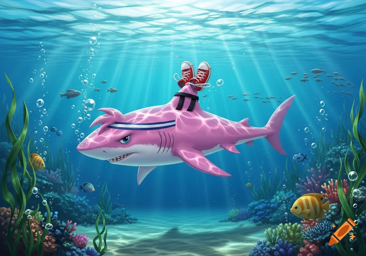 A cartoon pink shark with a headband and red sneakers on its dorsal fin swims underwater amidst coral and fish.