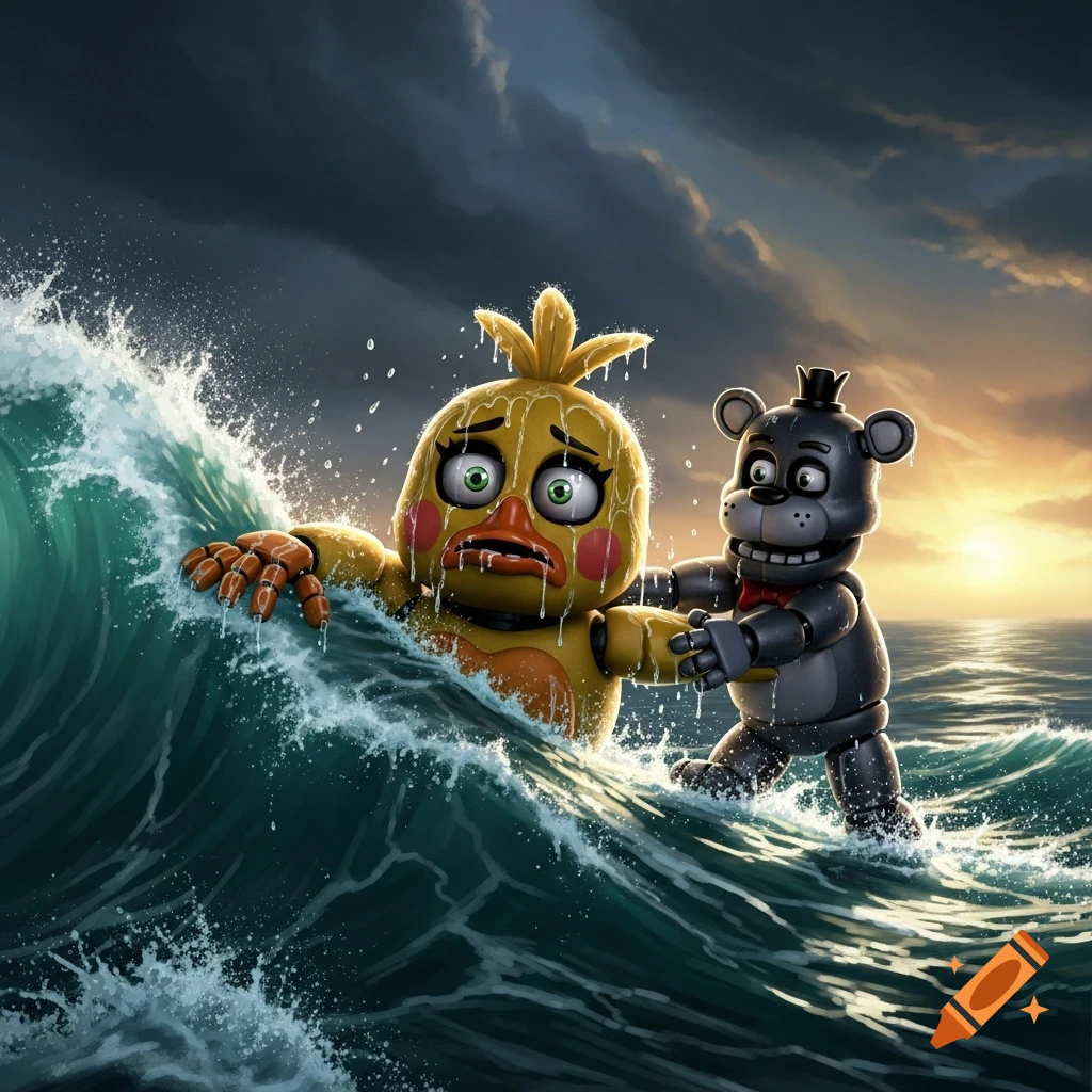 Digital art of Toy Chica and Helpy from Five Nights at Freddy's in a stormy ocean. Helpy pulls a distressed Toy Chica from a large wave at sunset.