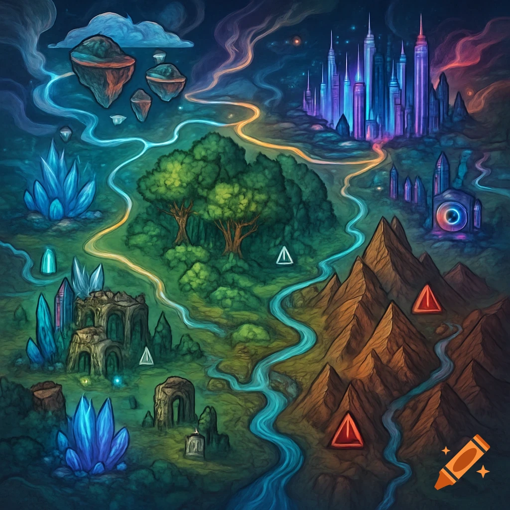 Detailed fantasy-sci-fi world map illustration with floating islands, glowing crystals, a futuristic city, forests, mountains, and rivers.