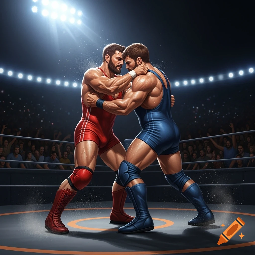 Two muscular male wrestlers grapple in a spotlighted ring with an audience, digital illustration.