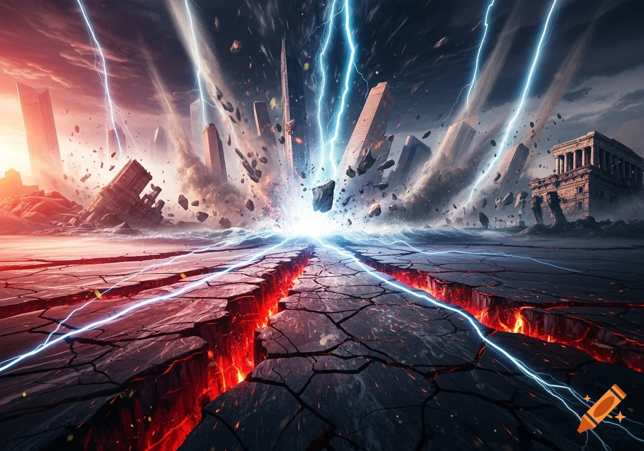 A dramatic cityscape is devastated by a massive earthquake and powerful lightning, with lava-filled fissures cracking the ground.
