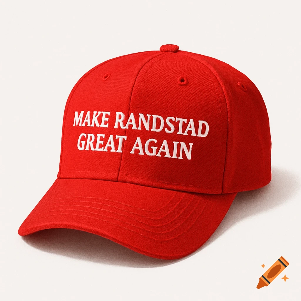 A red baseball cap with 'MAKE RANDSTAD GREAT AGAIN' embroidered in white on the front, set against a white background.