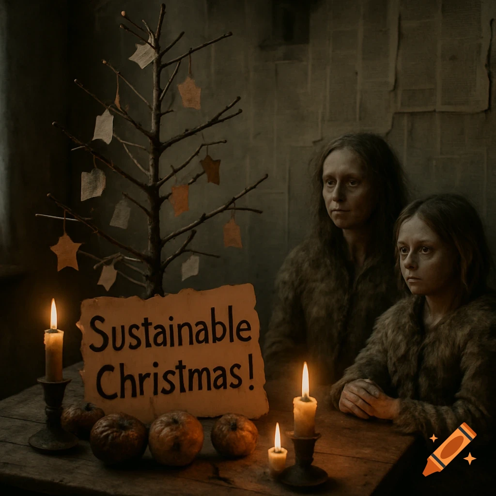 Two solemn people in a dim room with a twig Christmas tree, candles, fruit, and a sign saying 'Sustainable Christmas!'.