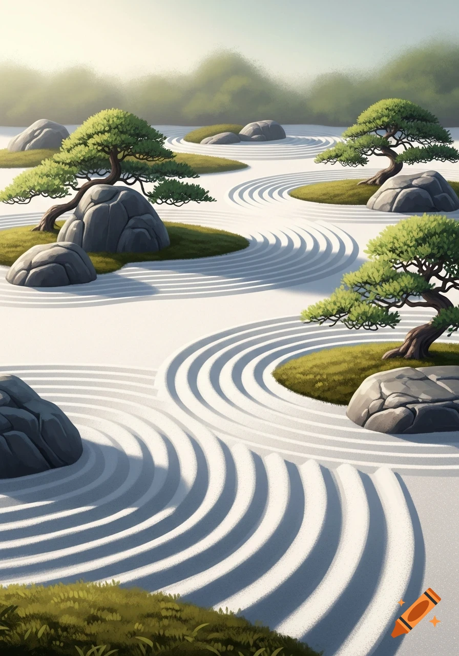 Digital painting of a serene Japanese zen garden with white raked sand, small grassy islands, large stones, and bonsai trees.