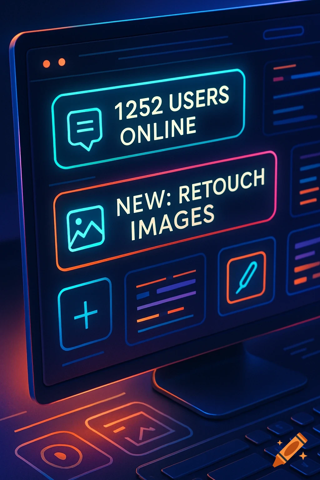 A stylized, glowing computer screen with a dark UI, showing '1252 USERS ONLINE' and 'NEW: RETOUCH IMAGES' in neon text. A keyboard is visible.