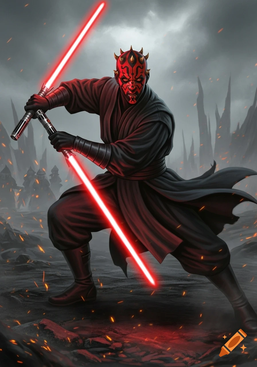 Darth Maul, a red-skinned, horned Zabrak in black robes, wields two red lightsabers in a dynamic pose on a desolate, fiery landscape.