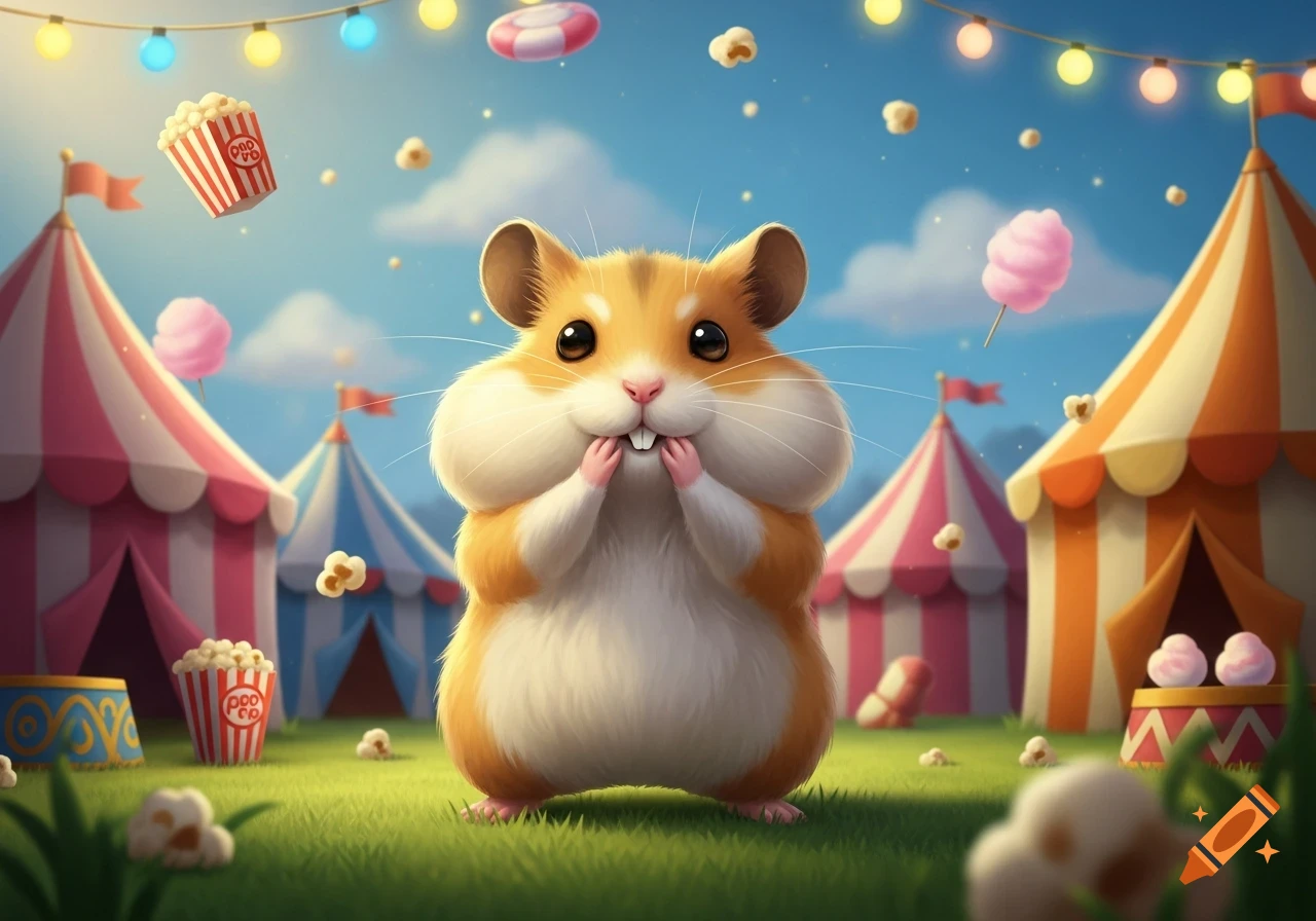 A cute, fluffy hamster with full cheeks stands in a vibrant cartoon circus setting with popcorn and cotton candy.