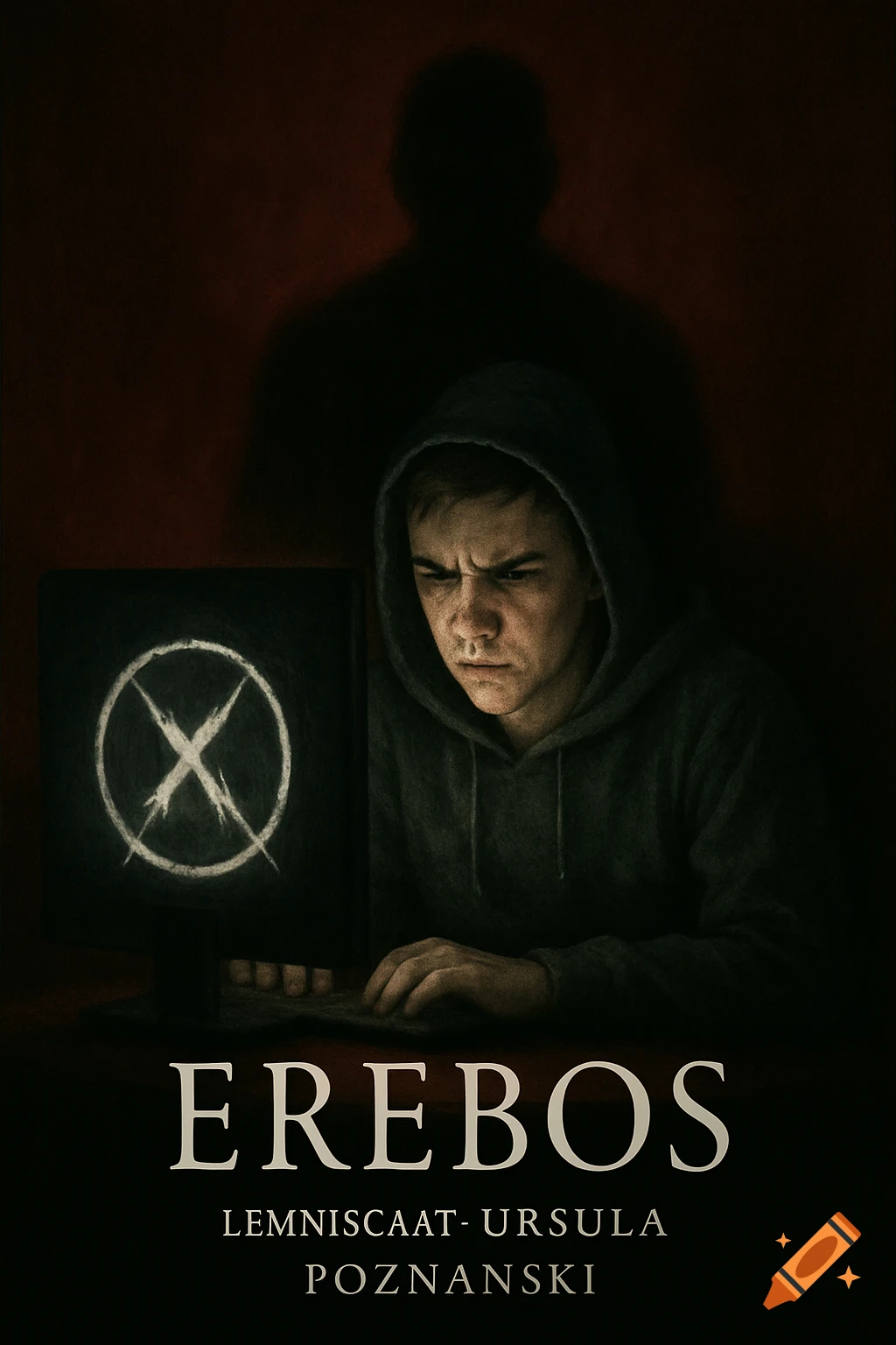 A stressed teenage boy in a dark hoodie sits at a glowing computer screen. A mysterious symbol is on the screen, and a dark shadow looms behind him. Text reads "Erebos - Lemniscaat - Ursula Poznanski" at the bottom.
