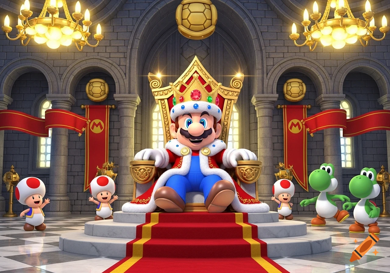 King Mario sits on a golden throne in a grand castle, flanked by Toads and Yoshis, in a cartoon 3D render.