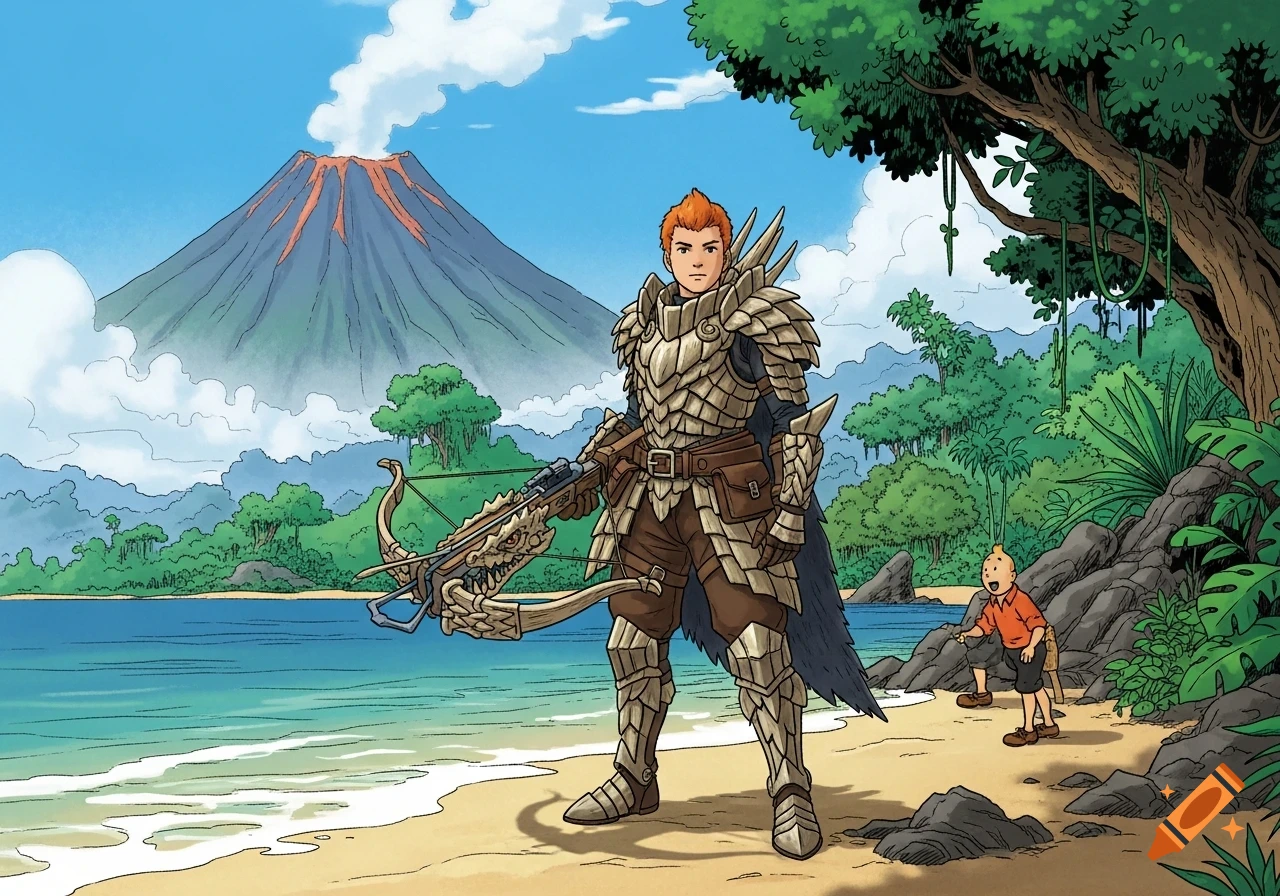 A young adventurer in scale armor with a crossbow on a tropical beach with a volcano and Tintin, in comic style.