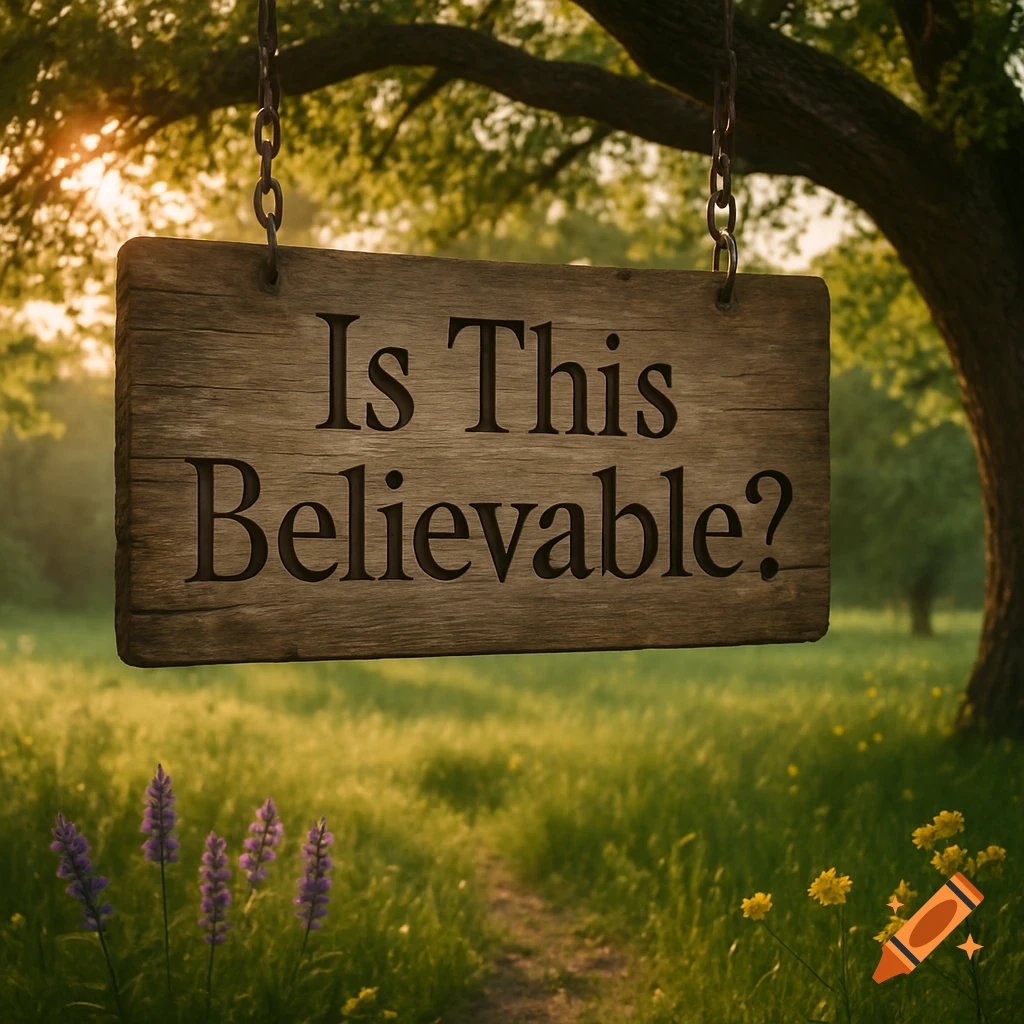 A wooden sign with 'Is This Believable?' hangs from a tree branch in a sunlit grassy field with a path.