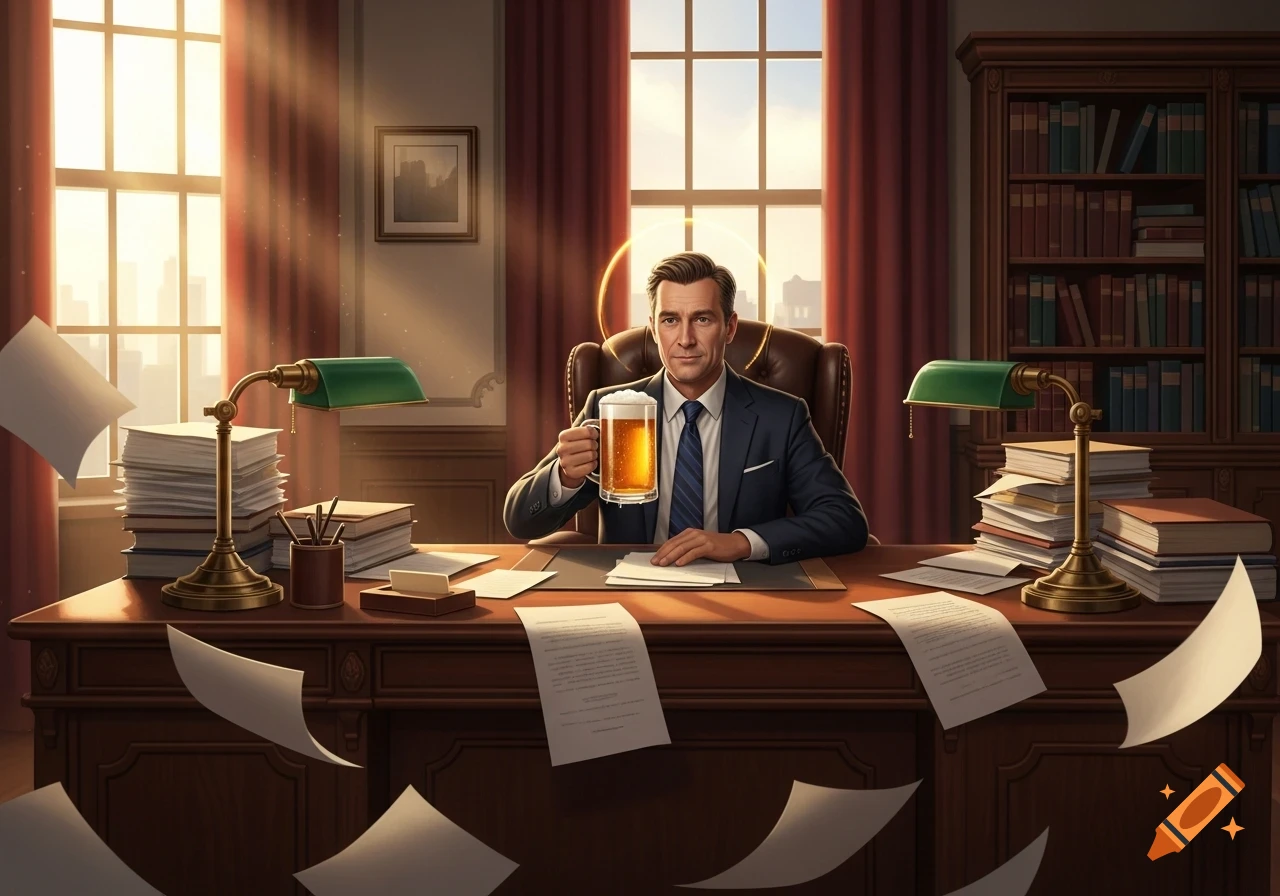 A man in a suit behind a busy office desk holds a beer mug, with papers flying around.