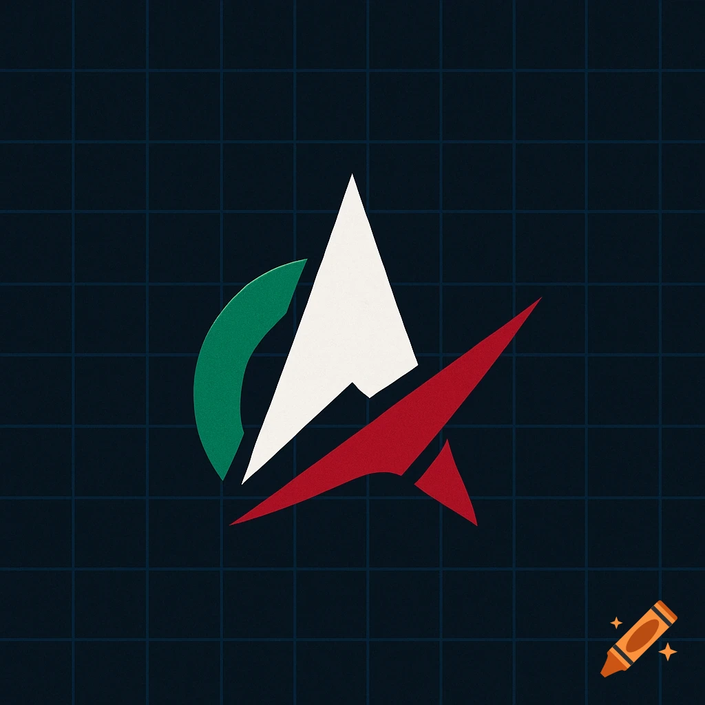 A modern abstract logo featuring green, white, and red geometric shapes on a dark grid background, resembling a stylized letter A and a rocket.