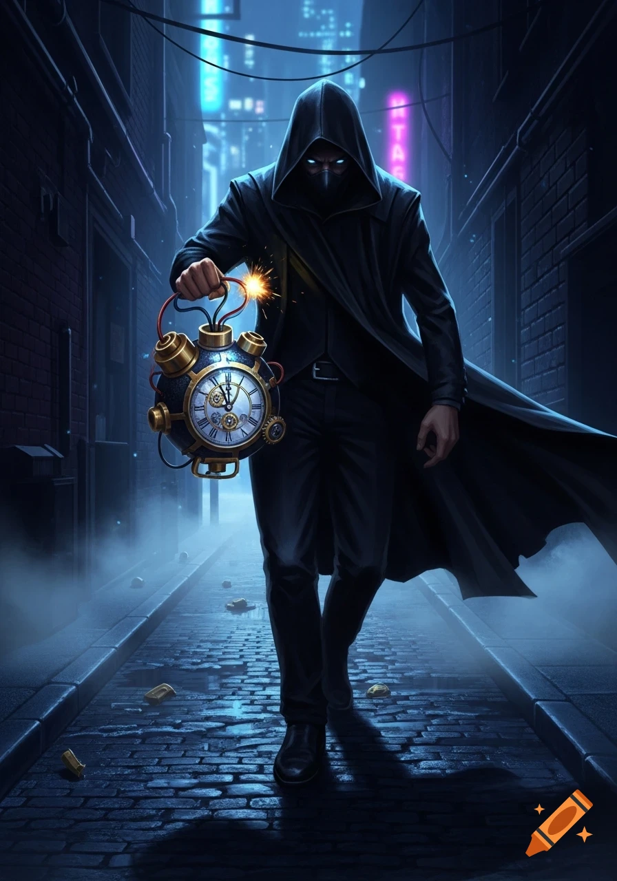 A hooded figure with glowing blue eyes walks through a dark, misty alley, holding a sparking steampunk-style time bomb. Neon signs glow in the background.