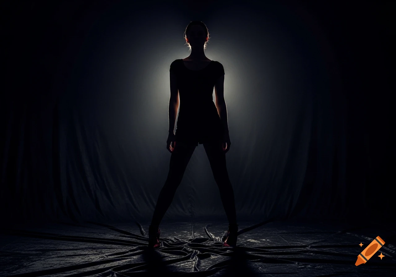 A dramatic full-body silhouette of a person standing against a dark, cinematically lit background with strong backlighting and subtle edge highlights.