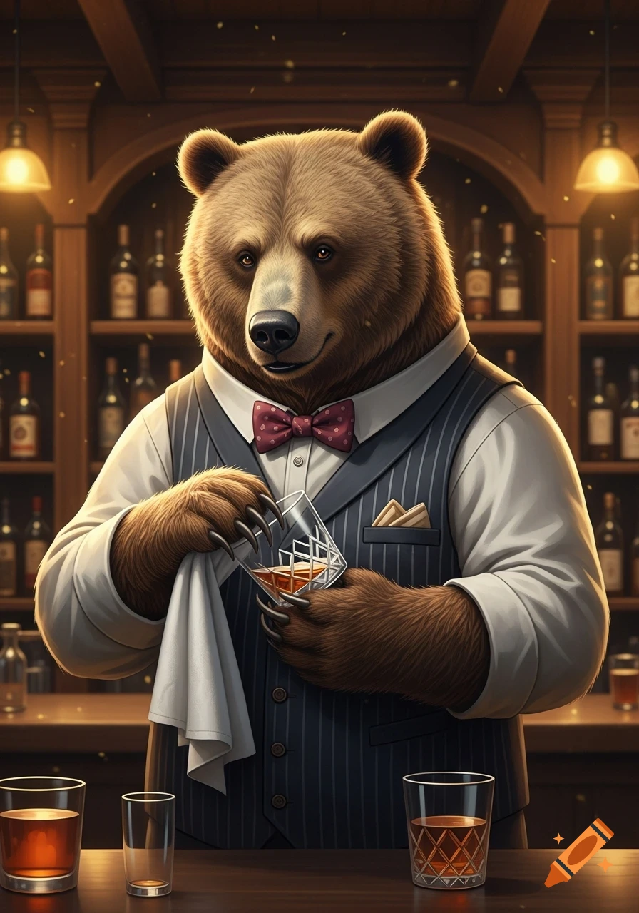 Photorealistic anthropomorphic bear bartender in a vest and bow tie polishing a whiskey glass behind a wooden bar.