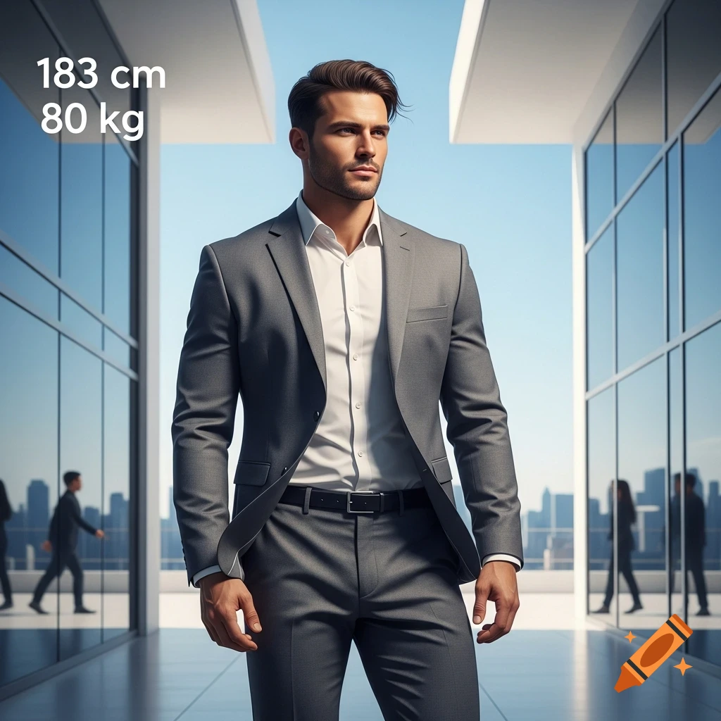 A photorealistic image of a man in a grey suit in a modern glass building. Text reads '183 cm 80 kg'.