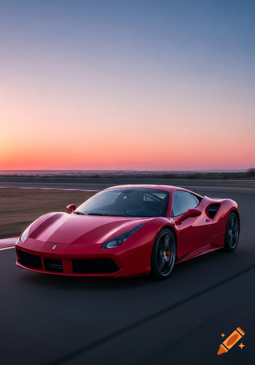 A sleek red Ferrari sports car drives on a track at sunset, with motion blur on its wheels.