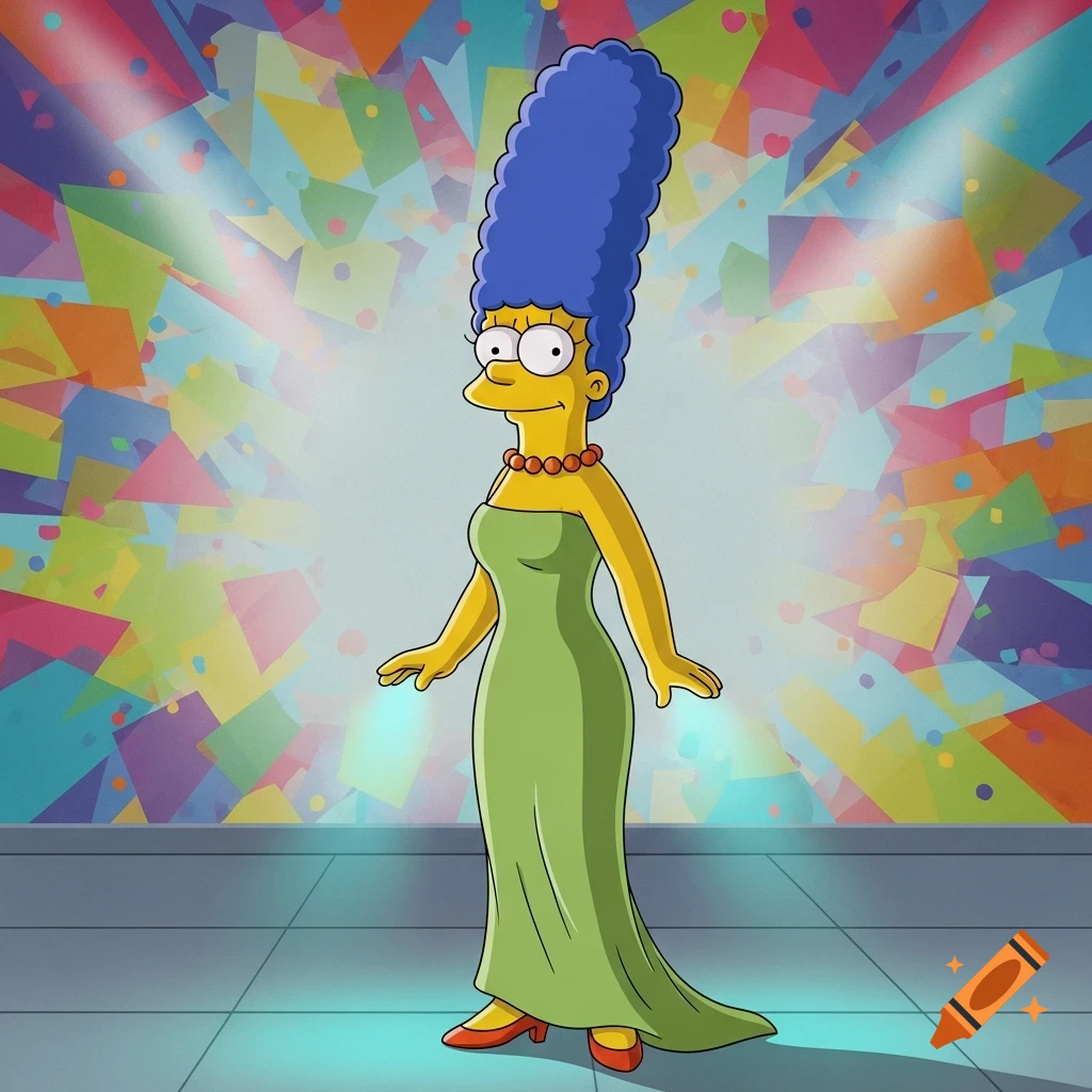 Marge Simpson stands in a green strapless dress and orange necklace against a colorful, confetti-like background.