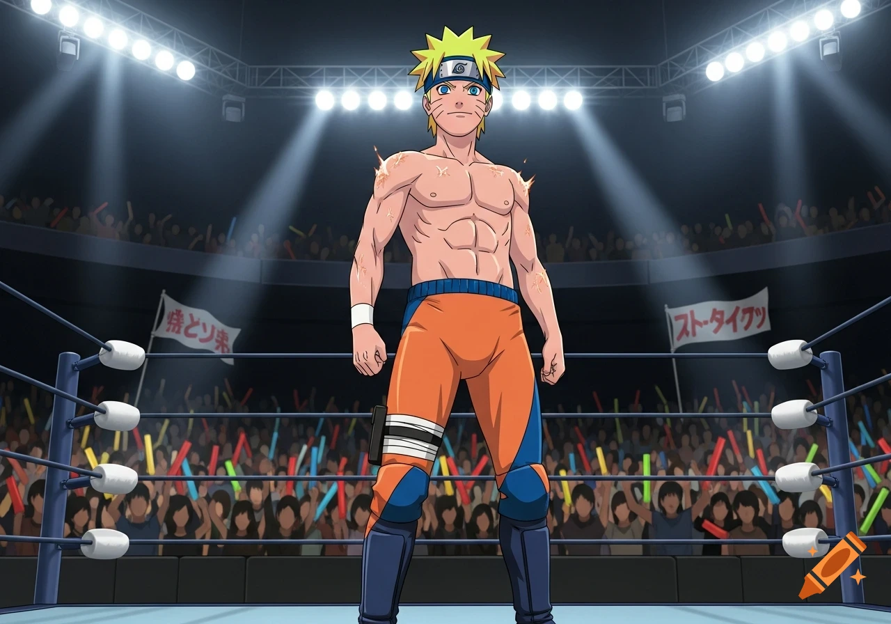 Naruto Uzumaki with a muscular body, wearing orange and blue wrestler tights, stands in a brightly lit wrestling ring, surrounded by a cheering crowd, in an anime style.