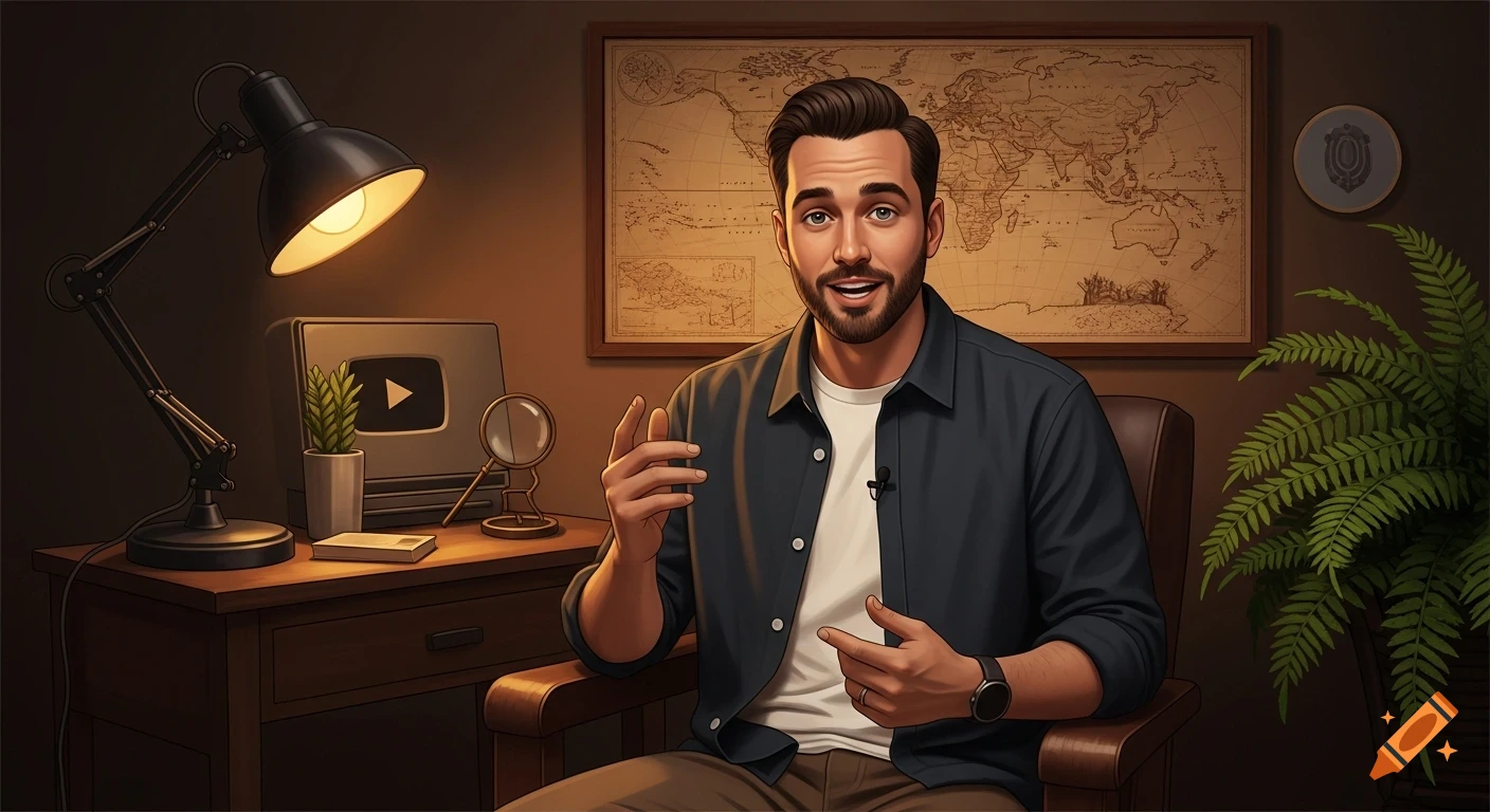 A charismatic man with a beard, wearing a blue shirt, sits in a studio with a desk lamp, map, and plants, gesturing as if speaking. Stylized illustration.