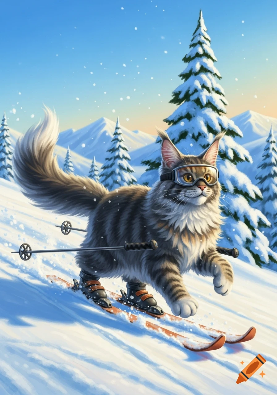A fluffy Maine Coon cat wearing ski goggles skis down a snowy mountain, surrounded by pine trees under a clear sky.
